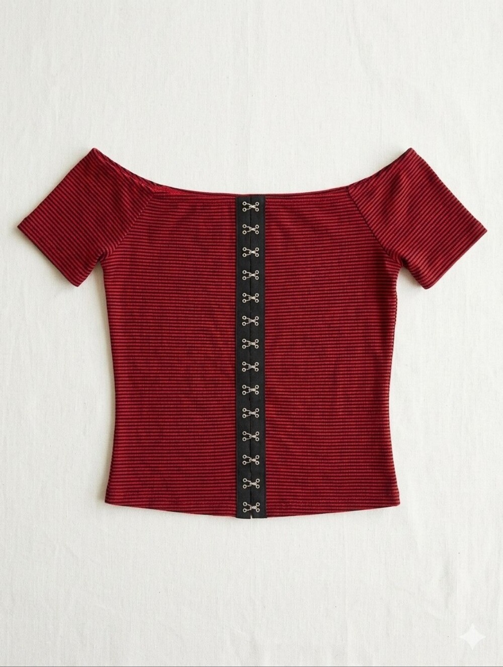 Hot Topic Goth Punk Red Black Striped Hook & Eye Off Shoulder Crop Top Size L